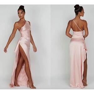 Babyboo Ariel Maxi Dress Blush Pink Satin One Shoulder High Slit BBF3045